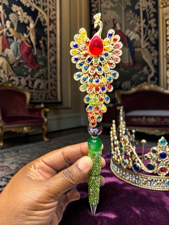 Accessories - Handcrafted Gold Jeweled Rhinestone Peacock Crystal Pen - Multicolor Gem Accent